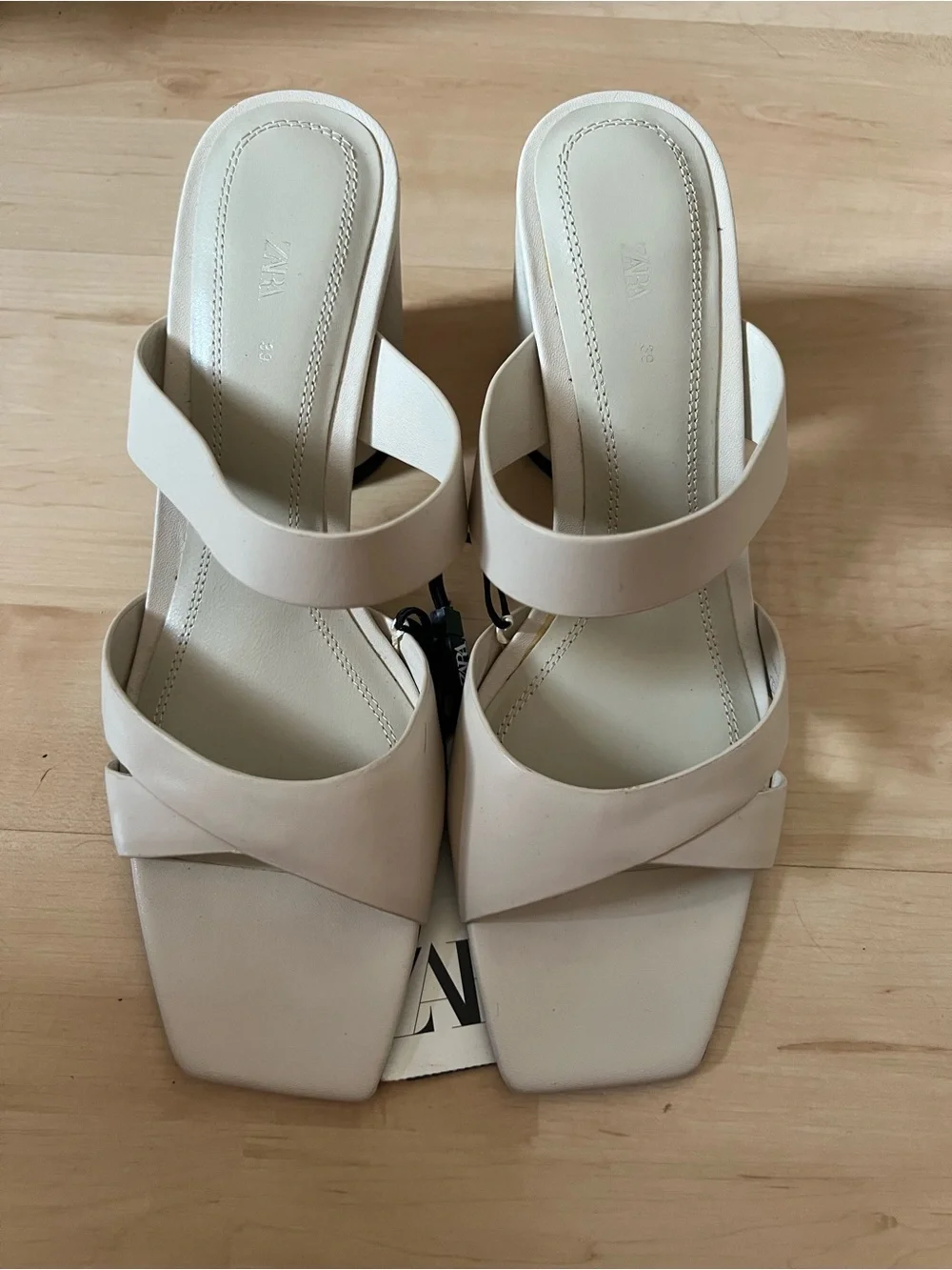 Zara Women's Cream Strappy Square-Toe Heeled Sandals.